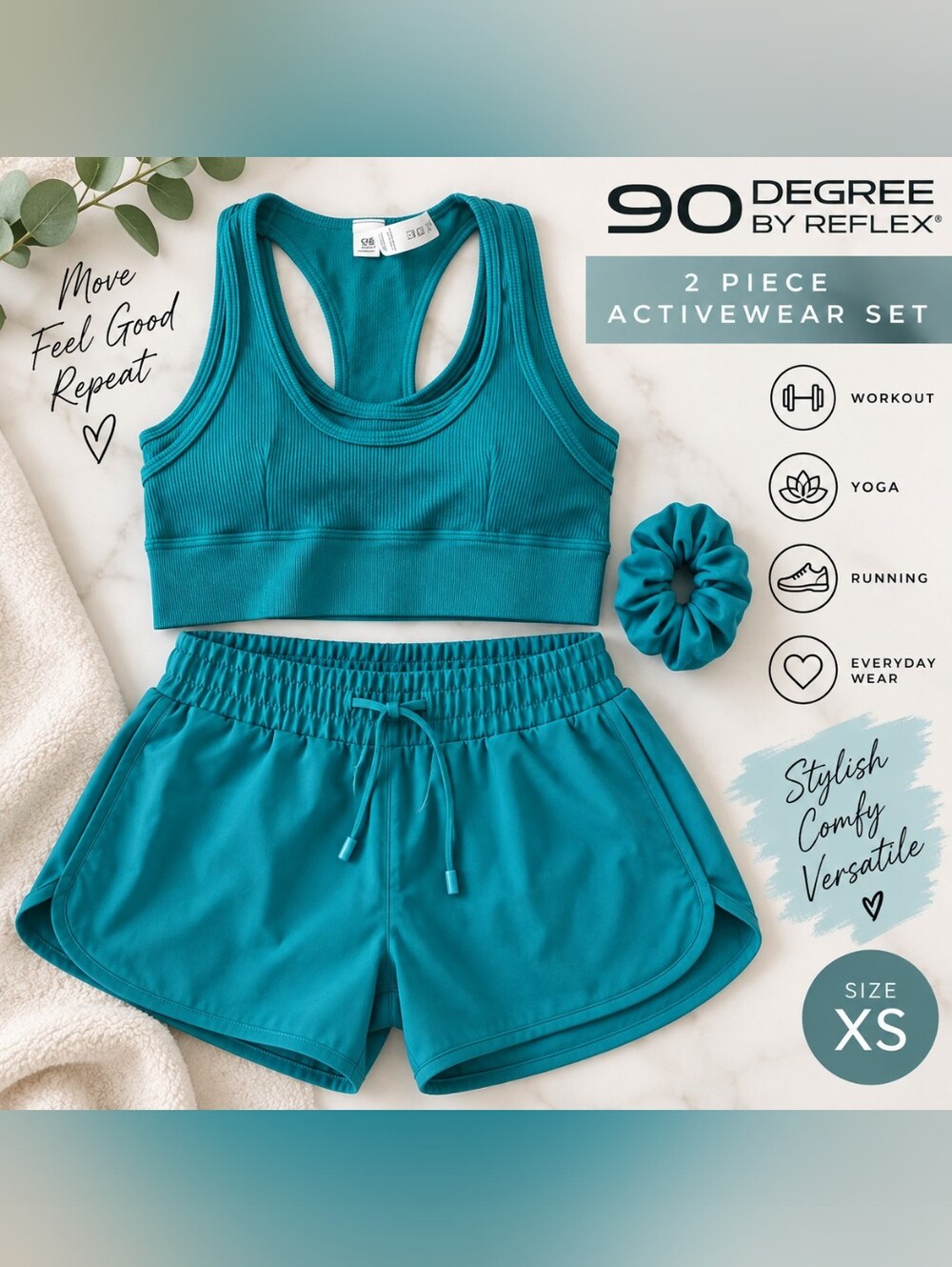 90 Degree by Reflex Teal 2 Piece Activewear Set Sports Bra & Shorts XS